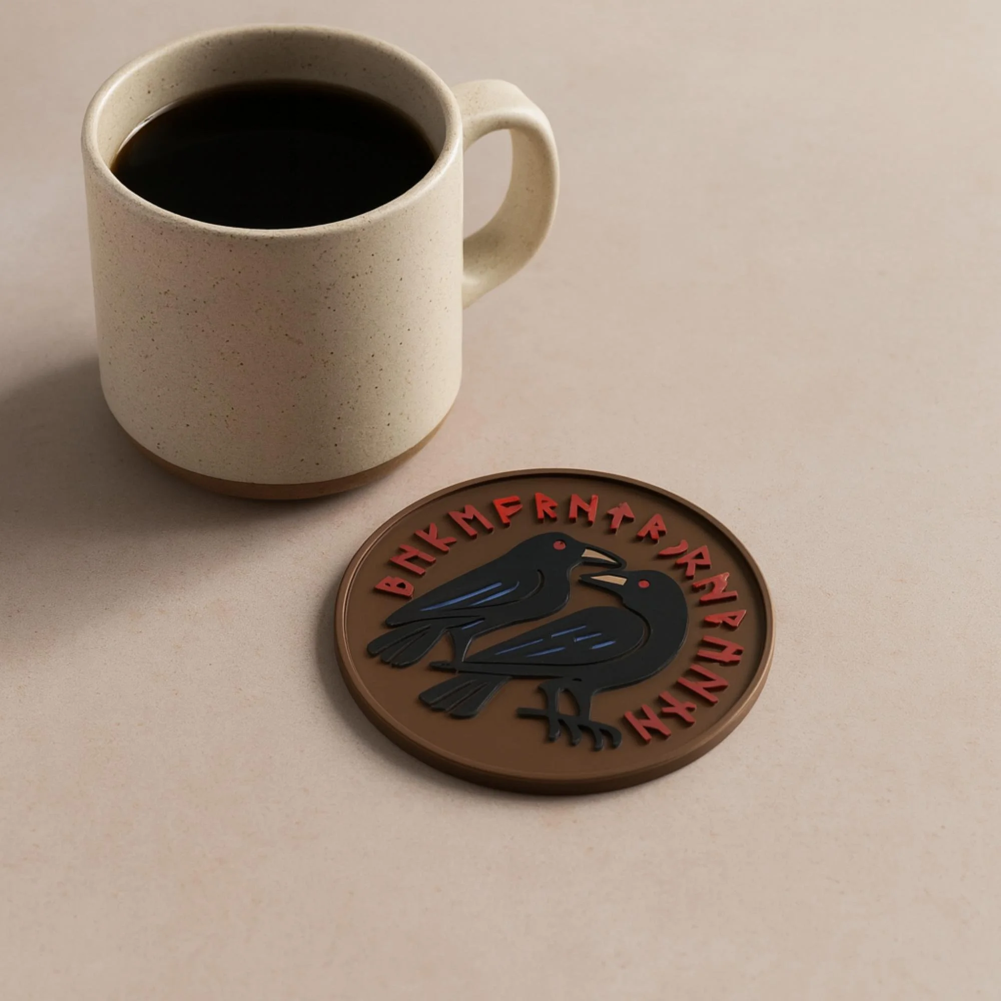 Viking raven coaster with runes in multi-color 3D printed design