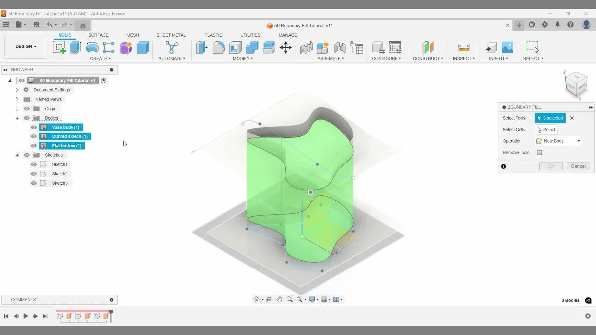 Autodesk Fusion Boundary Fill tool selecting intersecting surface bodies to create a solid form inside the boundaries