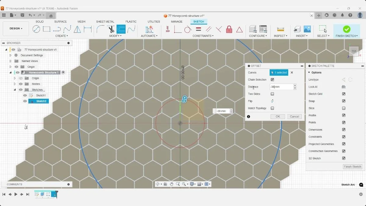 Offsetting the outer circle to create a border in Autodesk Fusion.