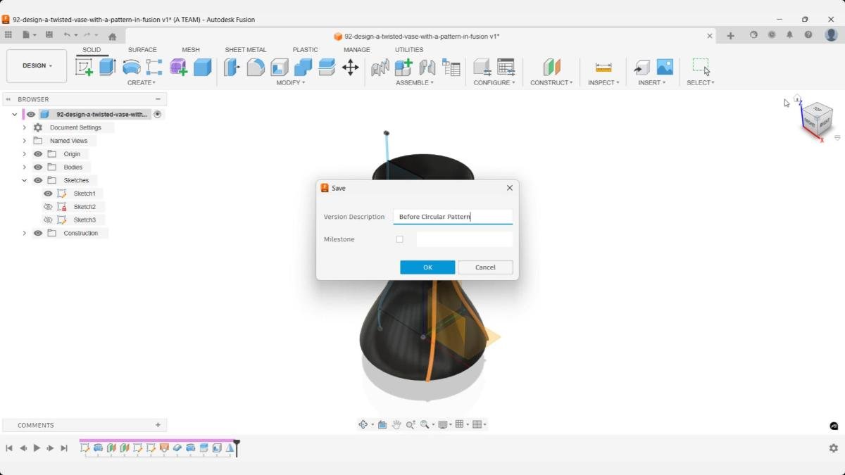 Saving a version in Fusion before creating the circular pattern.