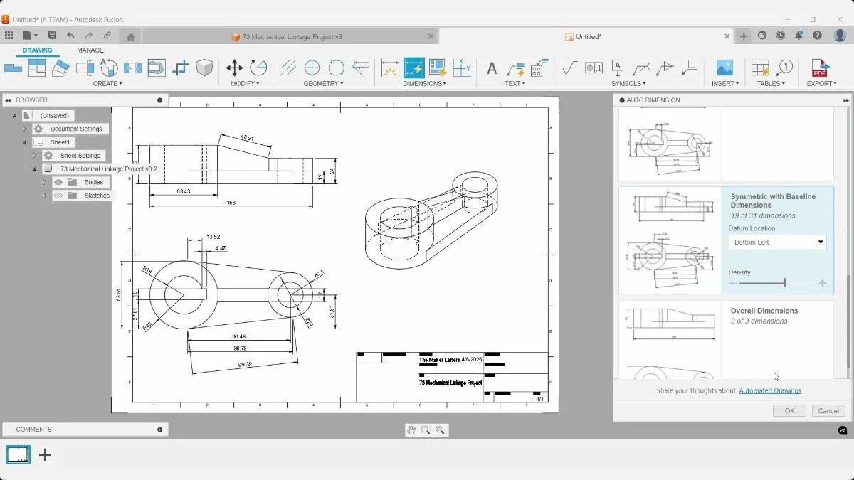 Auto Dimension tool in Fusion drawing workspace