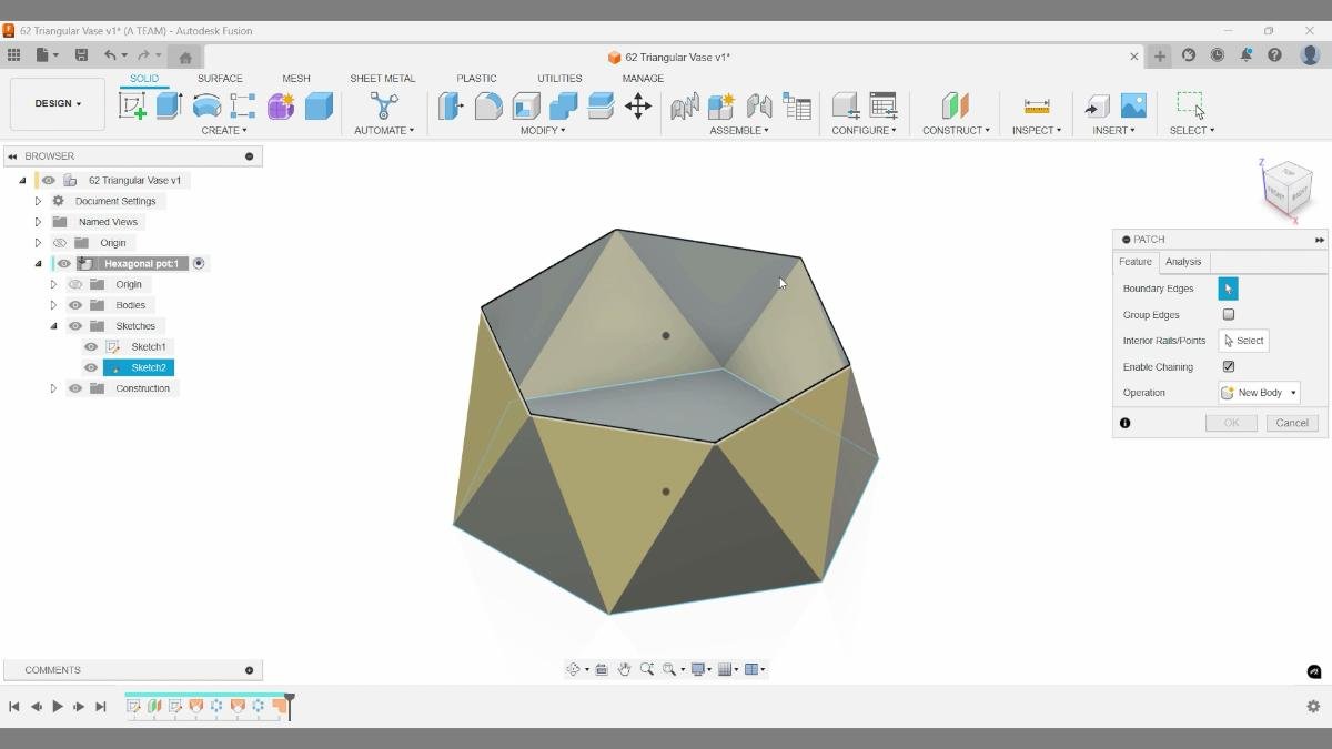 Fusion Patch tool closing top opening of triangular vase surface model