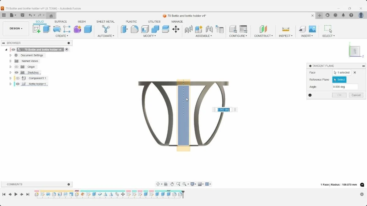 Fusion Tangent Plane tool creating a construction plane on the curved bottle holder frame.