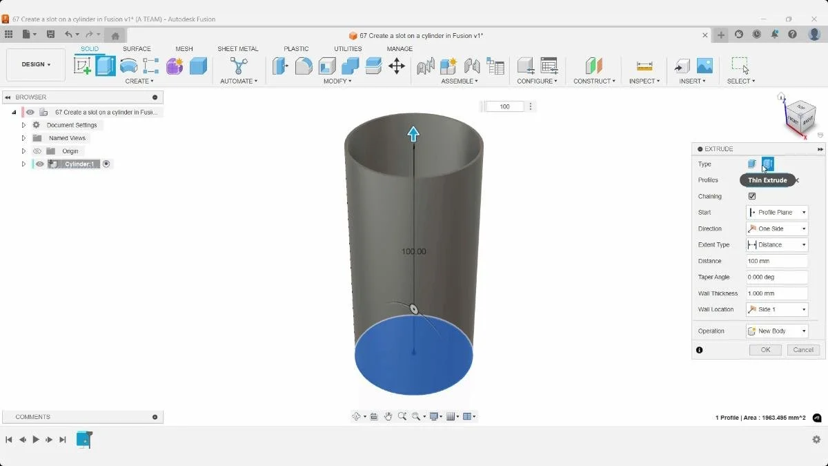 Thin extrude creates hollow cylinder wall in Fusion