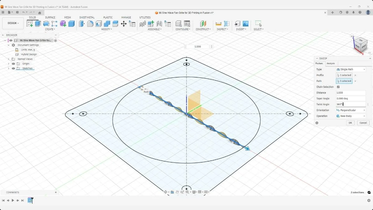 fusion sine wave sweep preview along path