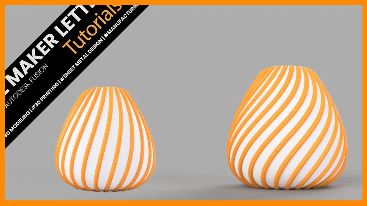 3D-printed vase with twisted orange surface pattern modeled in Autodesk Fusion, showing parametric sketch update results