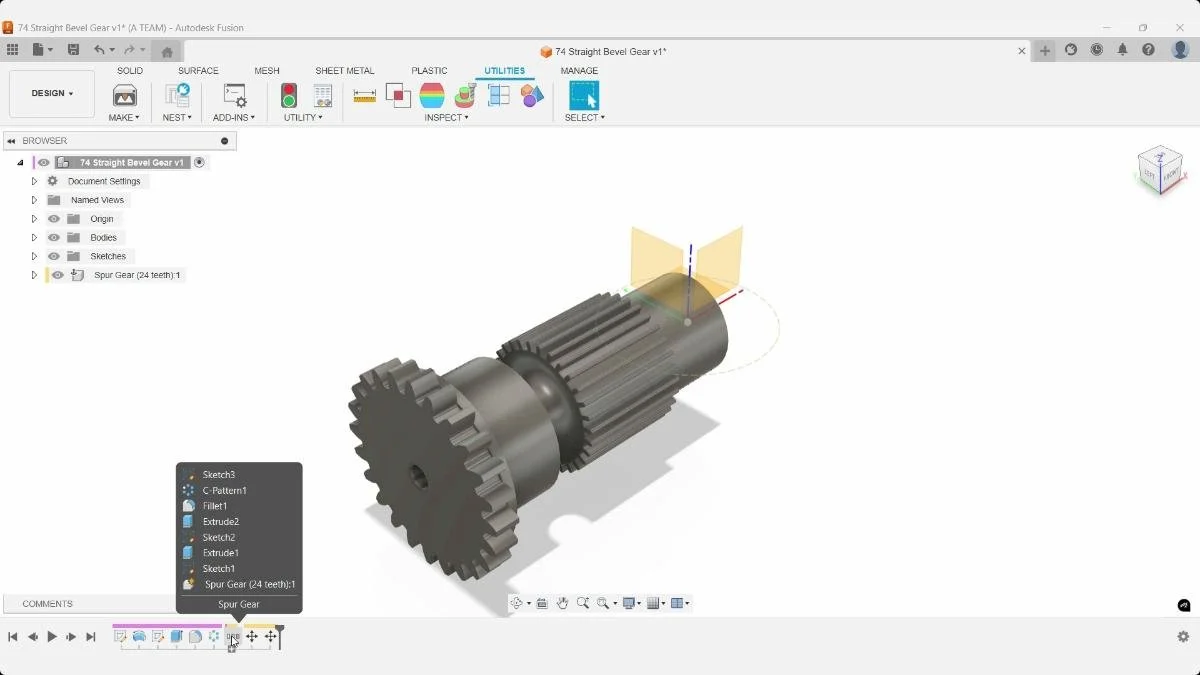 Expanded Spur Gear feature in Fusion timeline