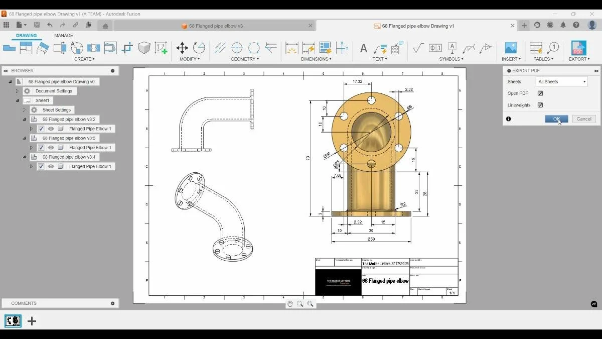 Export drawing as PDF of flanged pipe elbow in Fusion