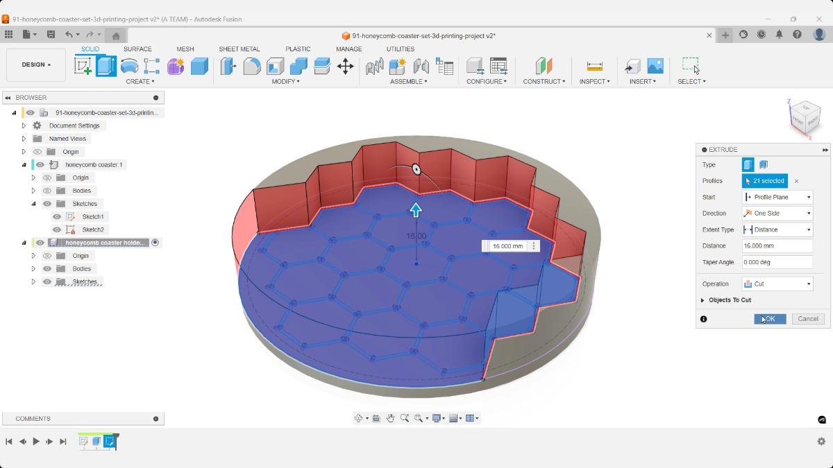 Using Extrude Cut in Fusion to shape the honeycomb coaster holder’s inner walls for a precise fit.