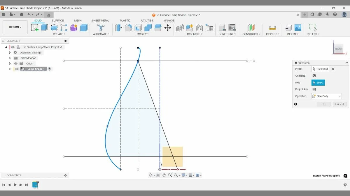 Fusion revolve command setup for lamp shade body