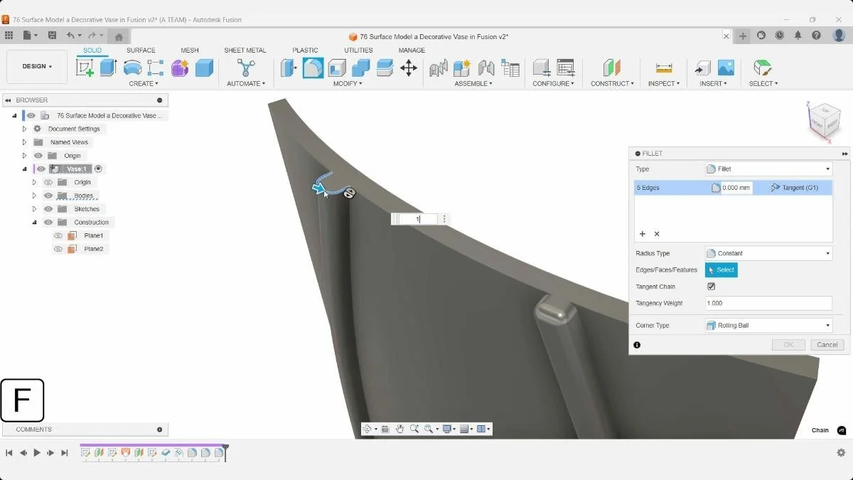 Applying a fillet to the upper edge of the embossed vase pattern in Autodesk Fusion.