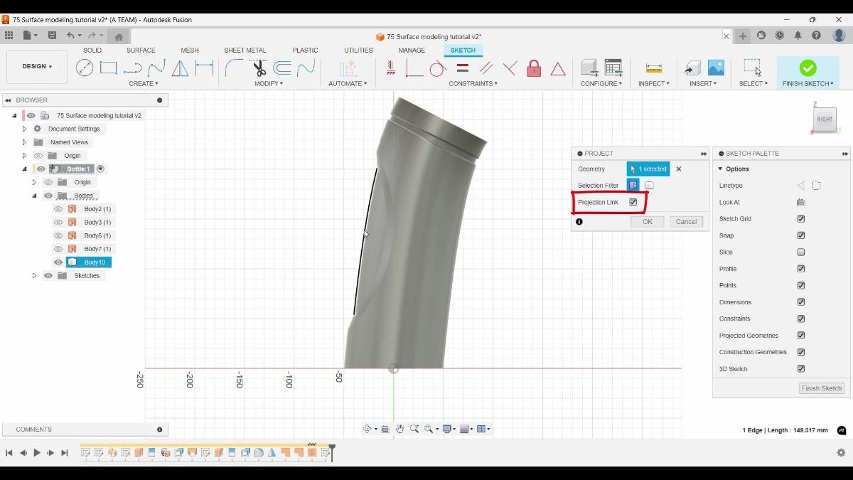 Projected bottle edge used to position grip features in Fusion.