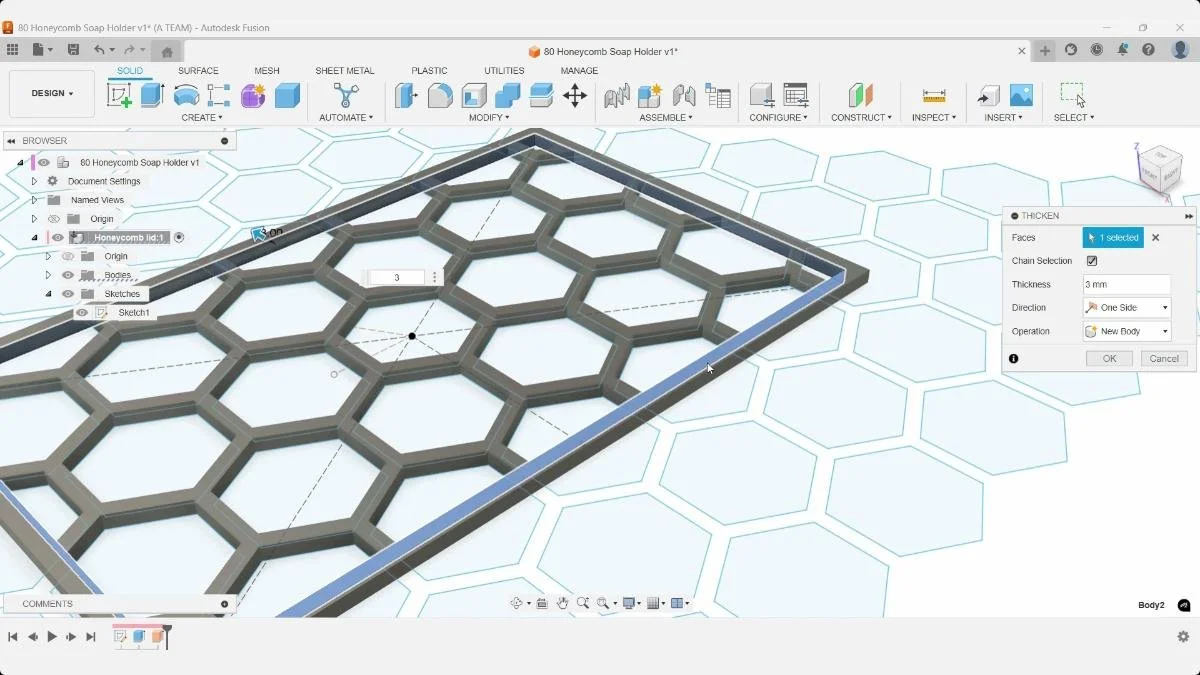 Fusion Thicken command adding 3 mm thickness to the honeycomb soap holder perimeter frame.