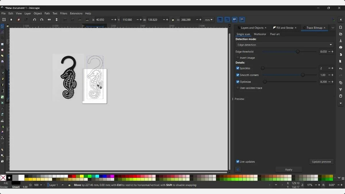 Inkscape displays the dark seahorse artwork beside a light traced version.