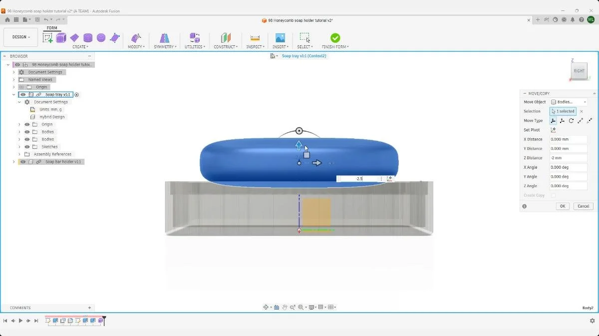 Fusion form soap position adjustment inside tray