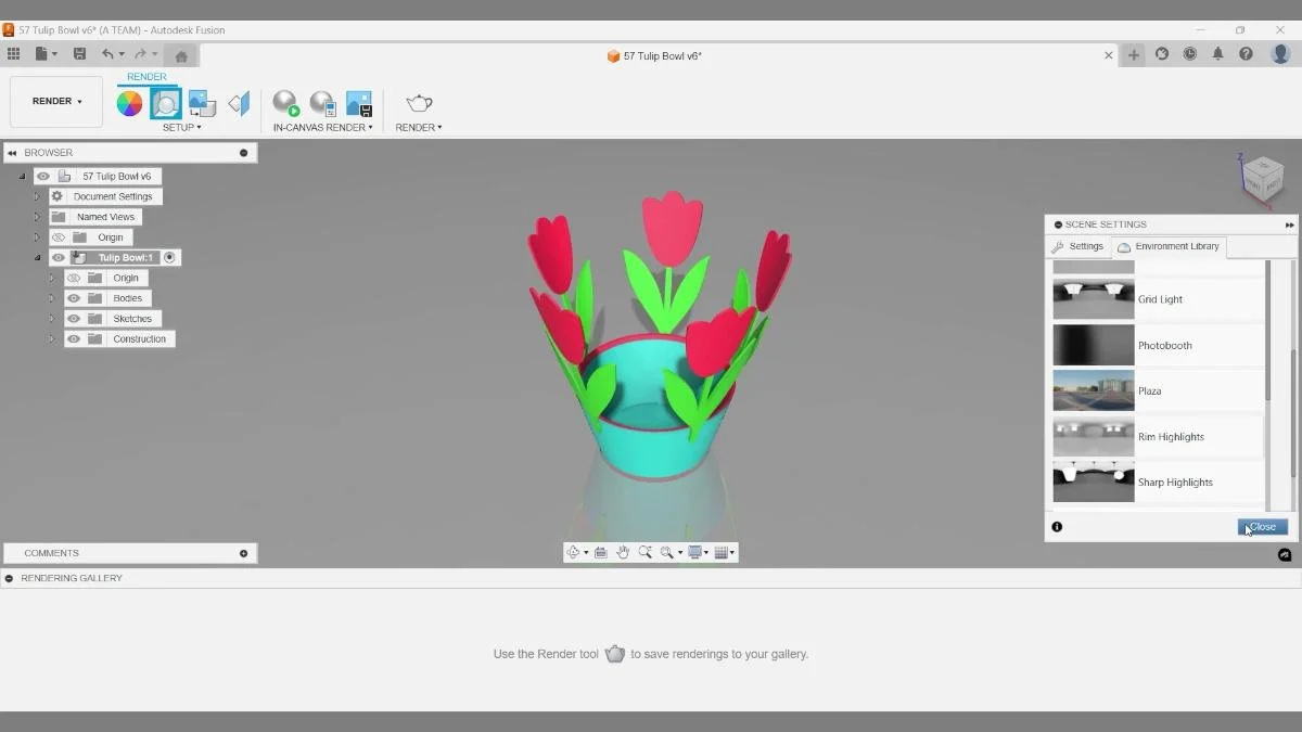 fusion render workspace scene settings for tulip bowl