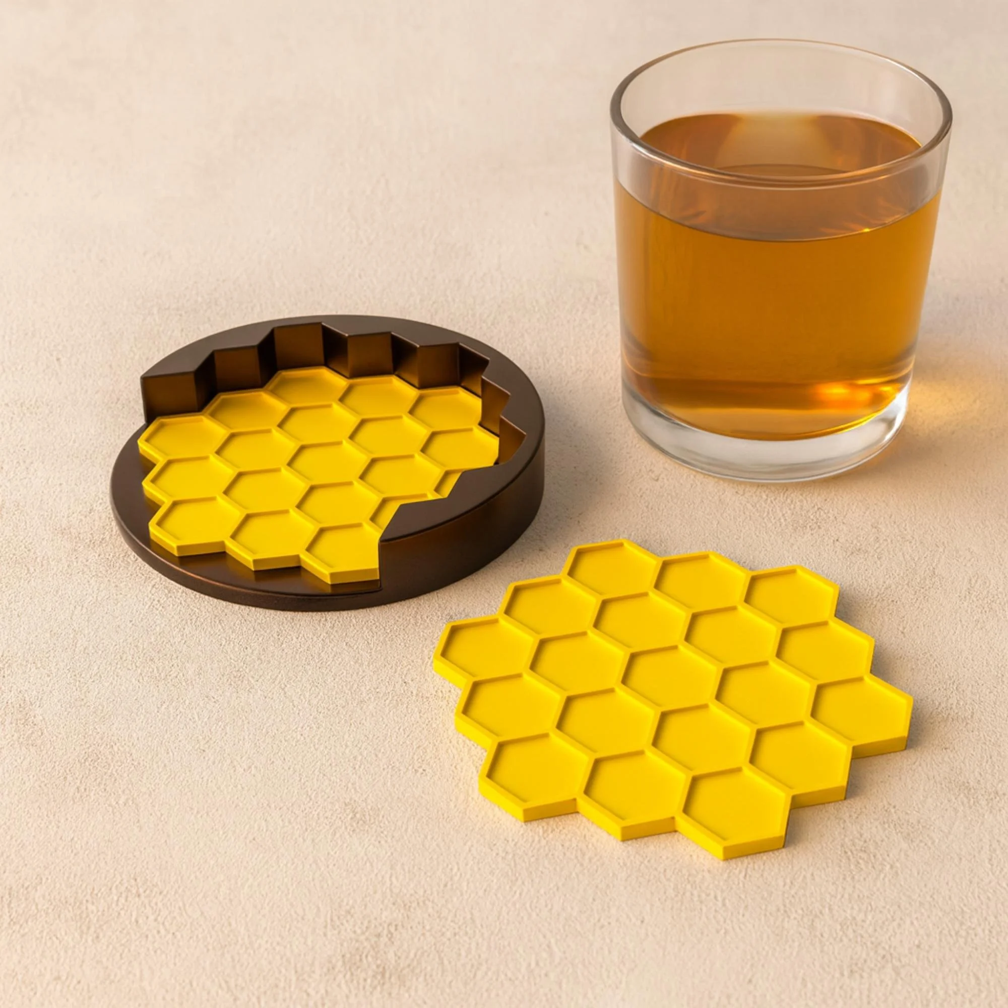 3D-printed honeycomb coaster with a dark brown base and removable yellow insert, shown next to a glass of iced tea in a minimal lifestyle scene.