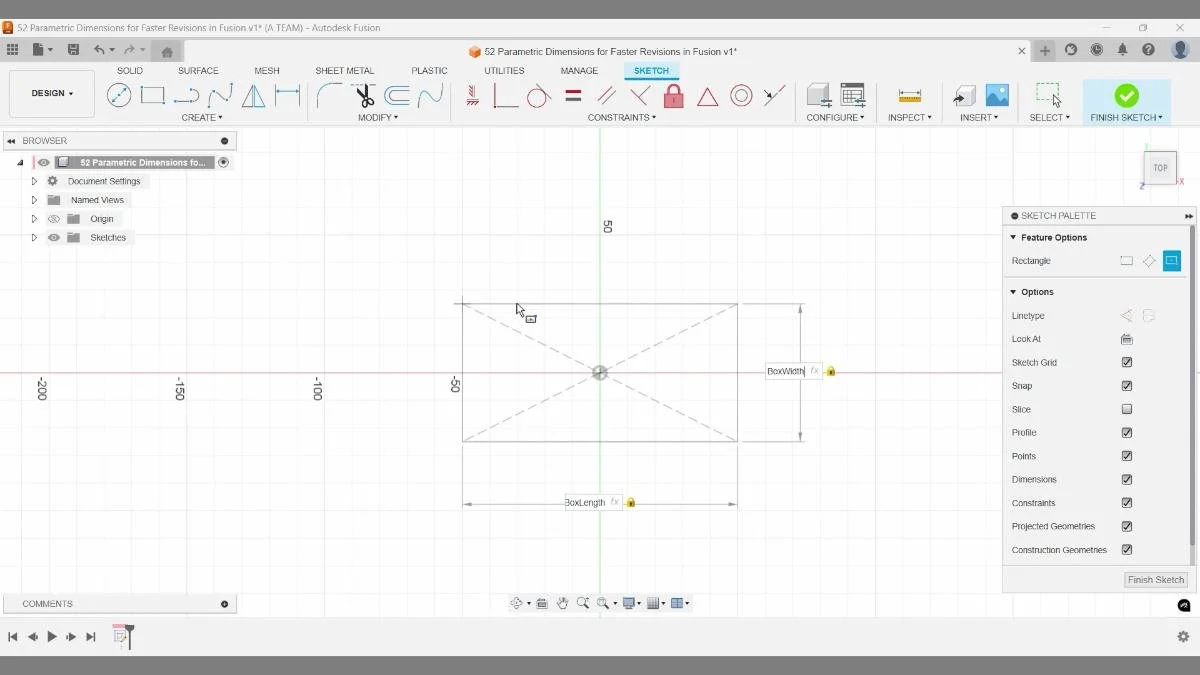 sketch rectangle constrained with boxlength and boxwidth parameters