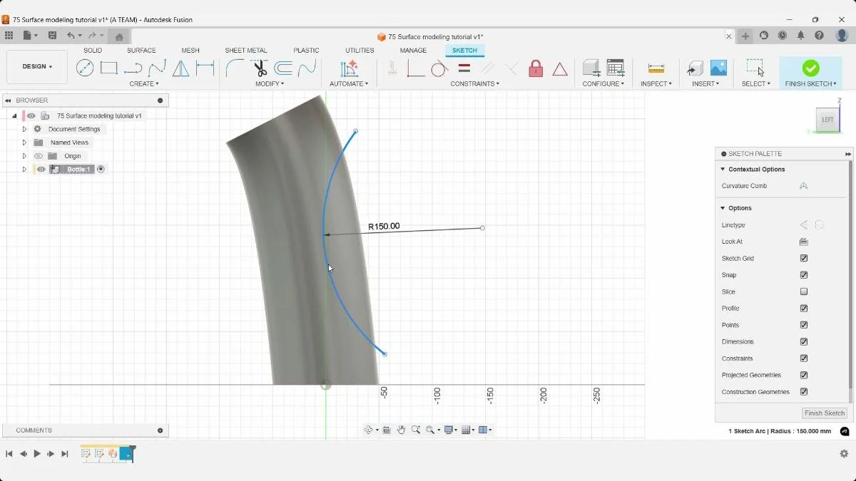 3-point arc sketched on the bottle surface in Autodesk Fusion.