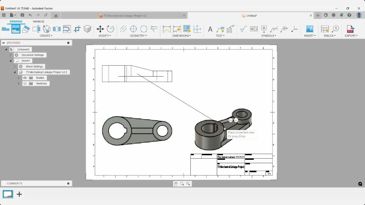 Projected drawing views of mechanical linkage in Fusion