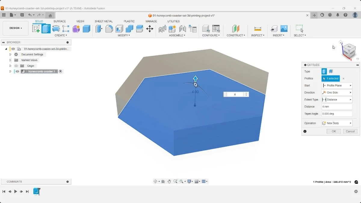 Extruding a 10 mm polygon to 4 mm in Fusion to create the honeycomb coaster’s solid base.
