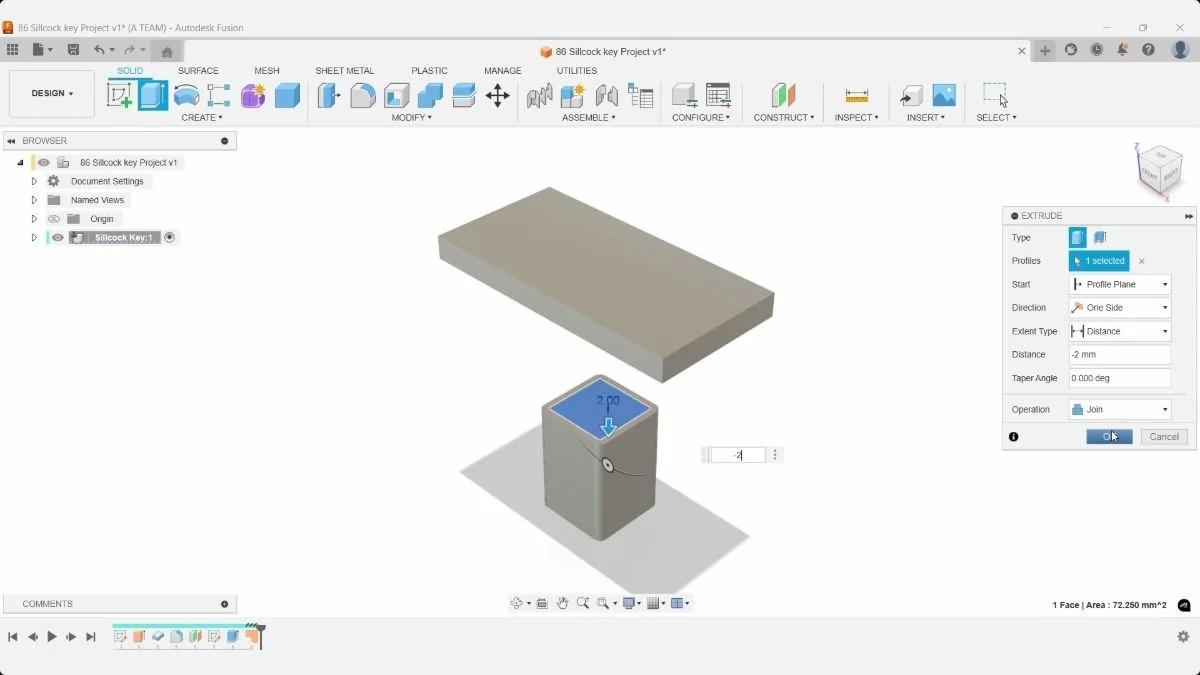 Fusion Extrude Join preview adding a 2 mm cap inside the sillcock key socket.
