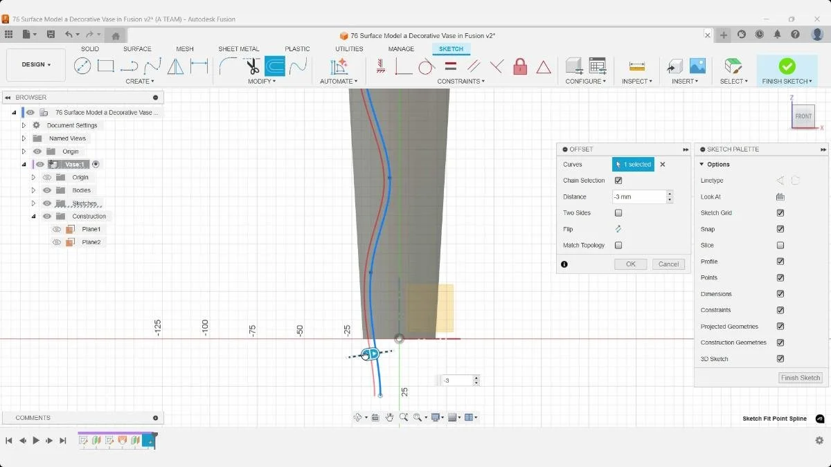 Offset spline created from the original Fit Point Spline in Autodesk Fusion.