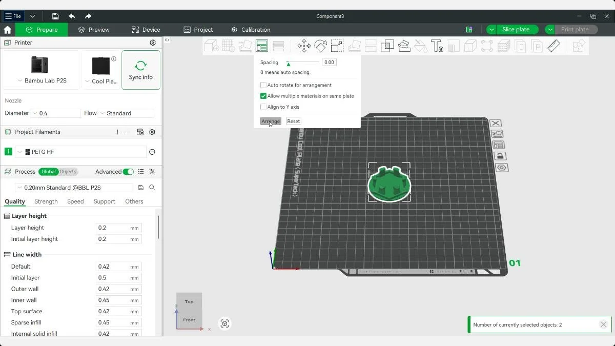 Bambu Studio Arrange tool spacing the snap fit components across the build plate.