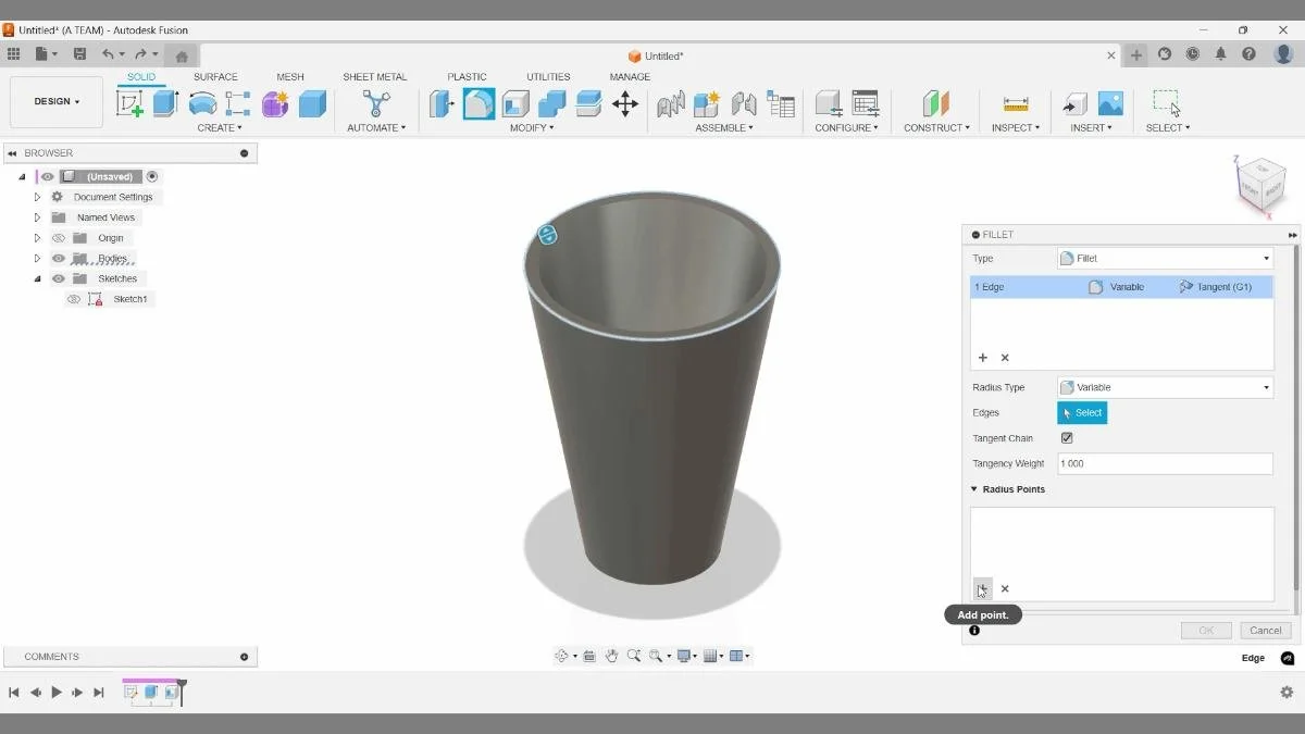 Selecting the top rim edge of a cup for a fillet in Fusion.