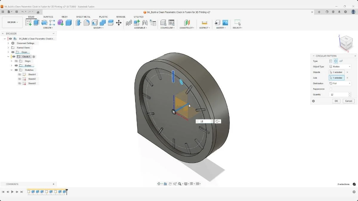 Patterning clock index markers in Fusion using a circular pattern for 3D printing.