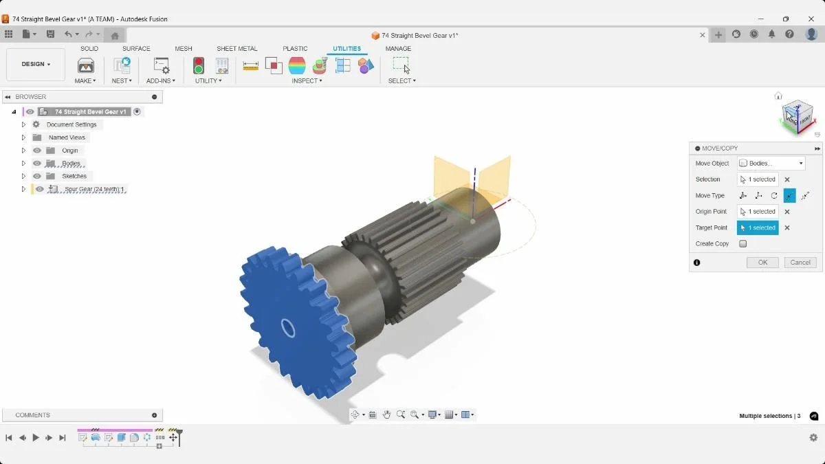 Point-to-point move used to position spur gear in Fusion