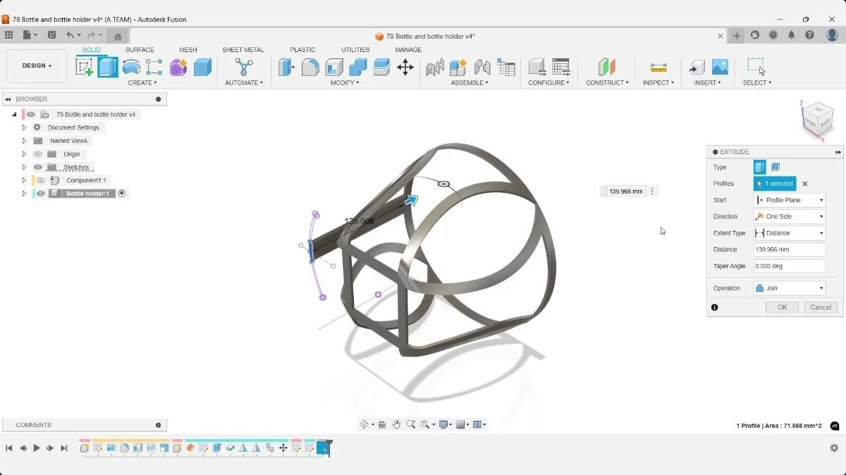 Fusion Extrude command extending a bottle holder frame profile with the Join operation.
