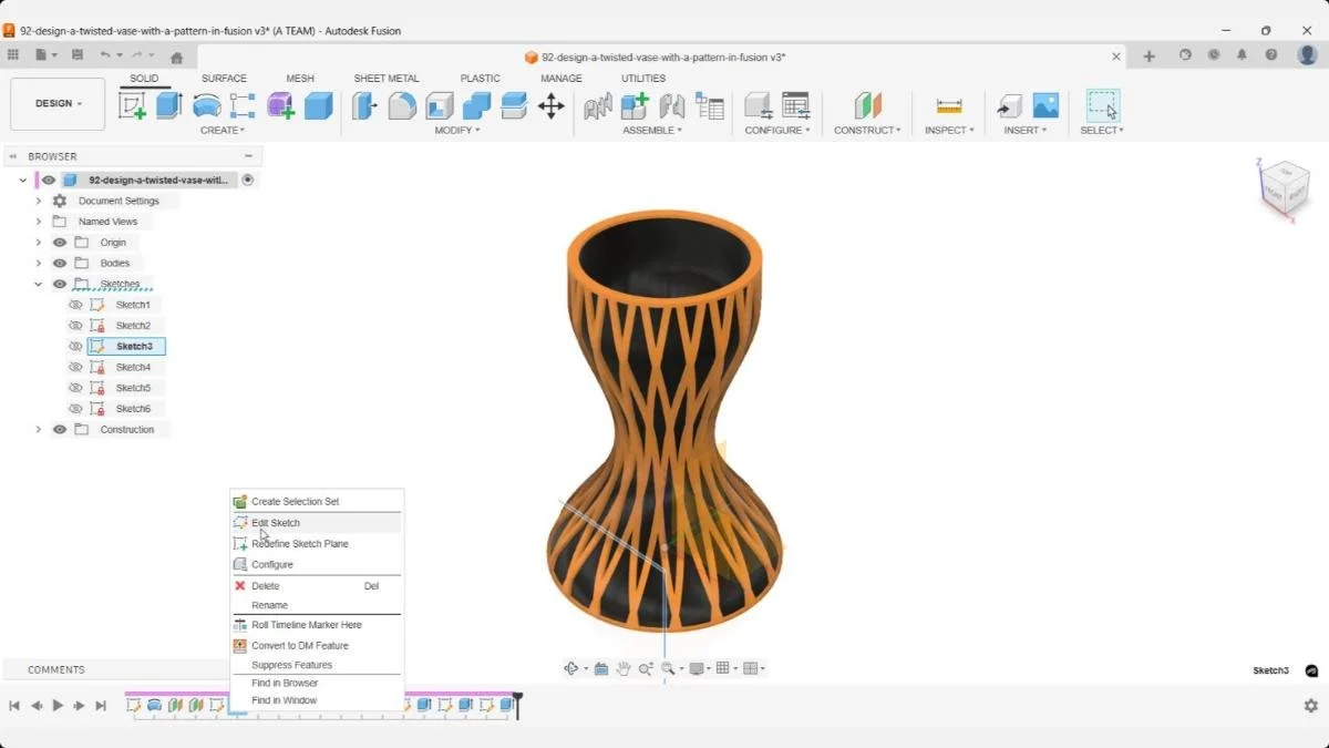 Reopening the loft guide sketch from the timeline to adjust the guide lines.
