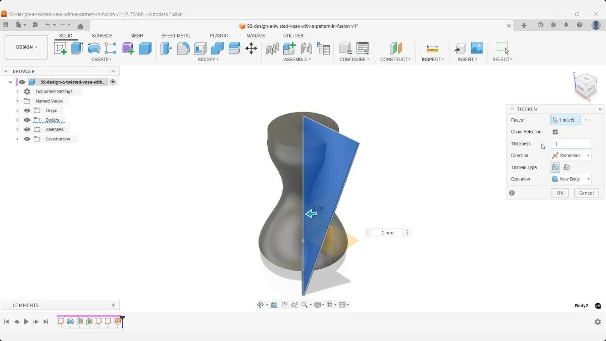 Fusion thicken command using the Symmetric option to turn the lofted surface into a 1 mm thick solid body for the twisted vase pattern.