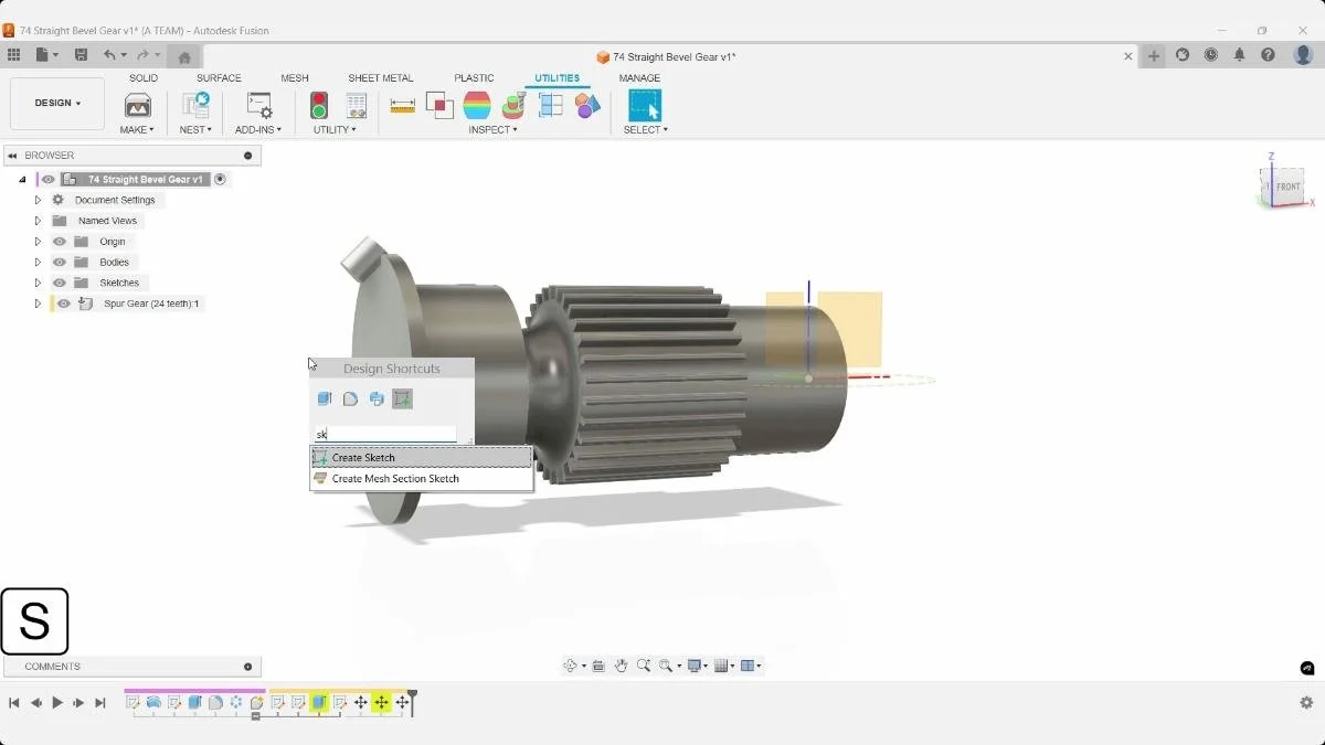 Creating a new sketch in Fusion for bevel gear reference geometry.