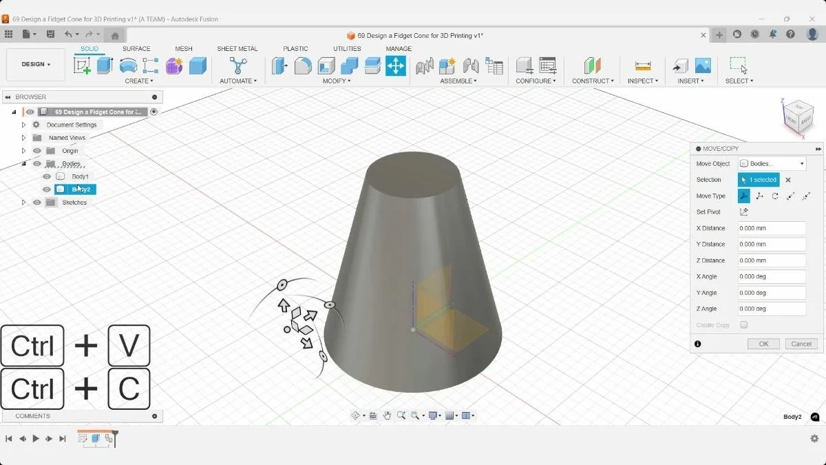 fusion fidget cone copy body move tool
