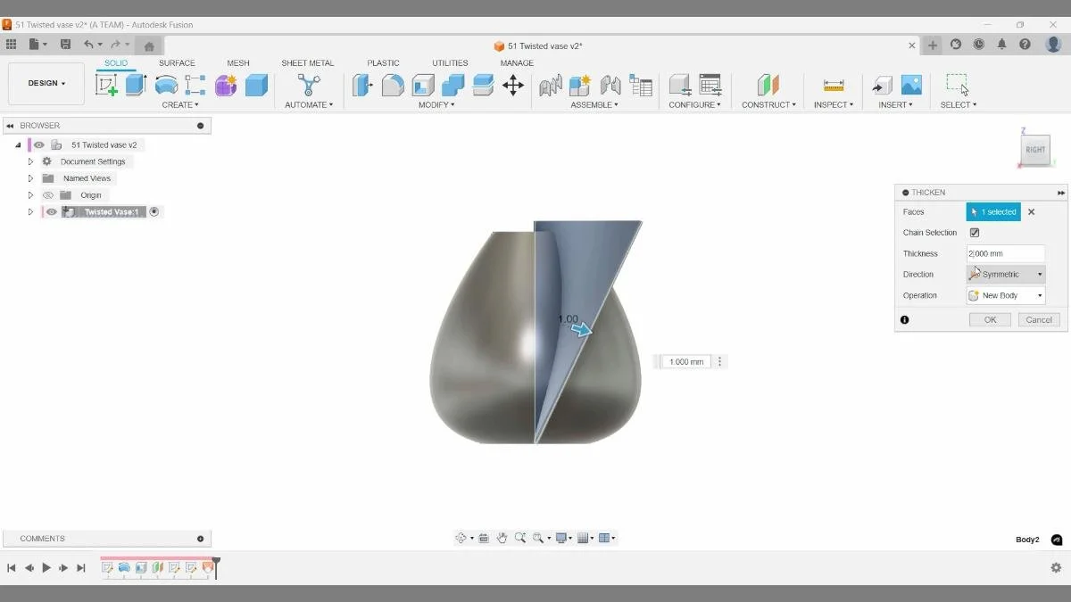 Fusion Thicken tool converting surface to solid.