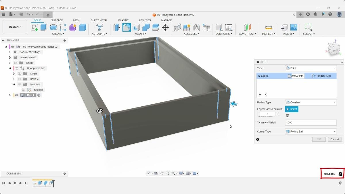 Fusion Fillet command selecting 12 box edges for the honeycomb soap holder.