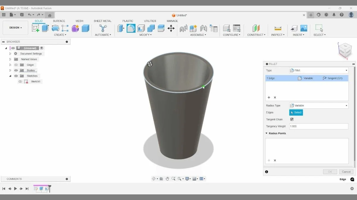 Highlighted cup rim edge with green radius point indicating variable fillet control in Fusion.