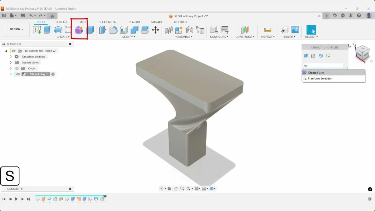 Fusion design shortcuts with Create Form selected above the twisted sillcock key model.