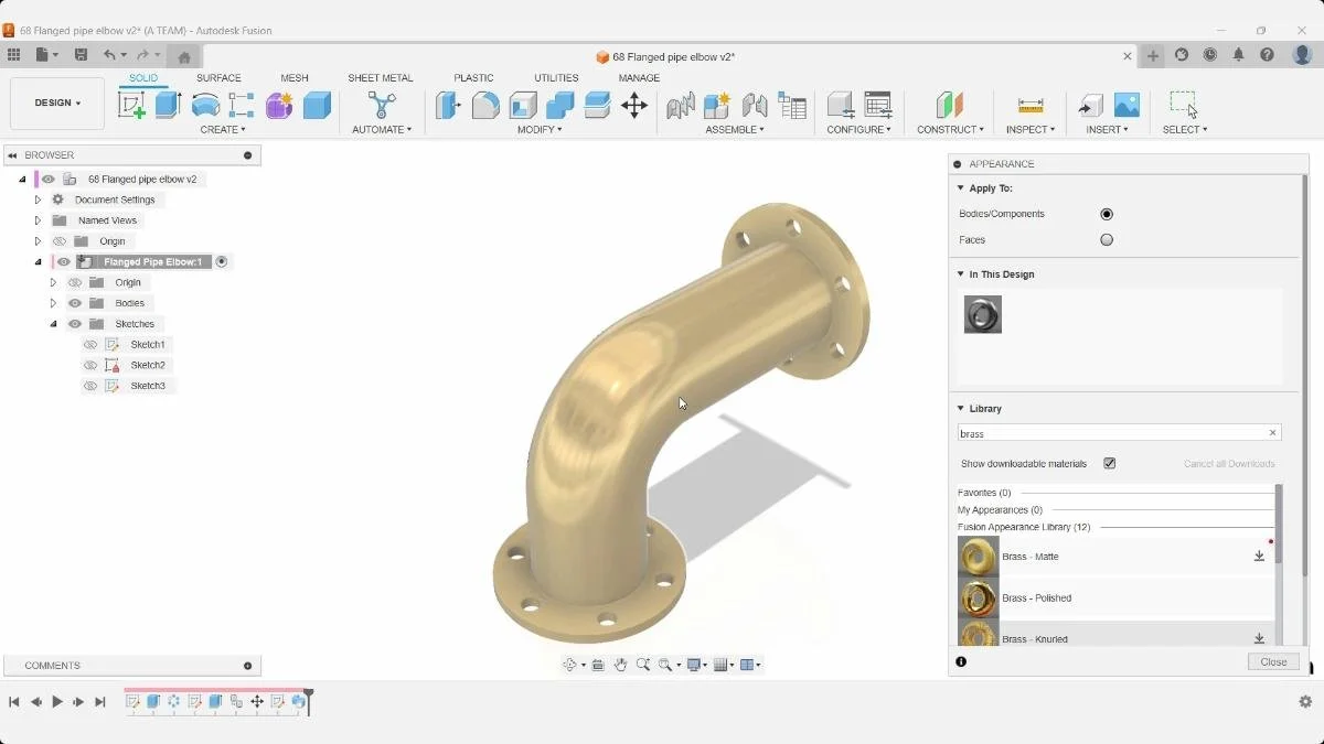 Brass appearance applied to flanged pipe elbow in Fusion render view