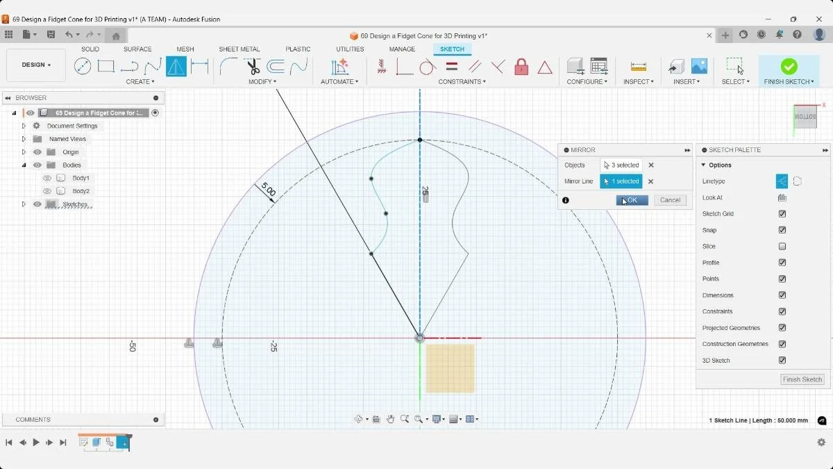 fusion fidget cone spline profile mirror sketch