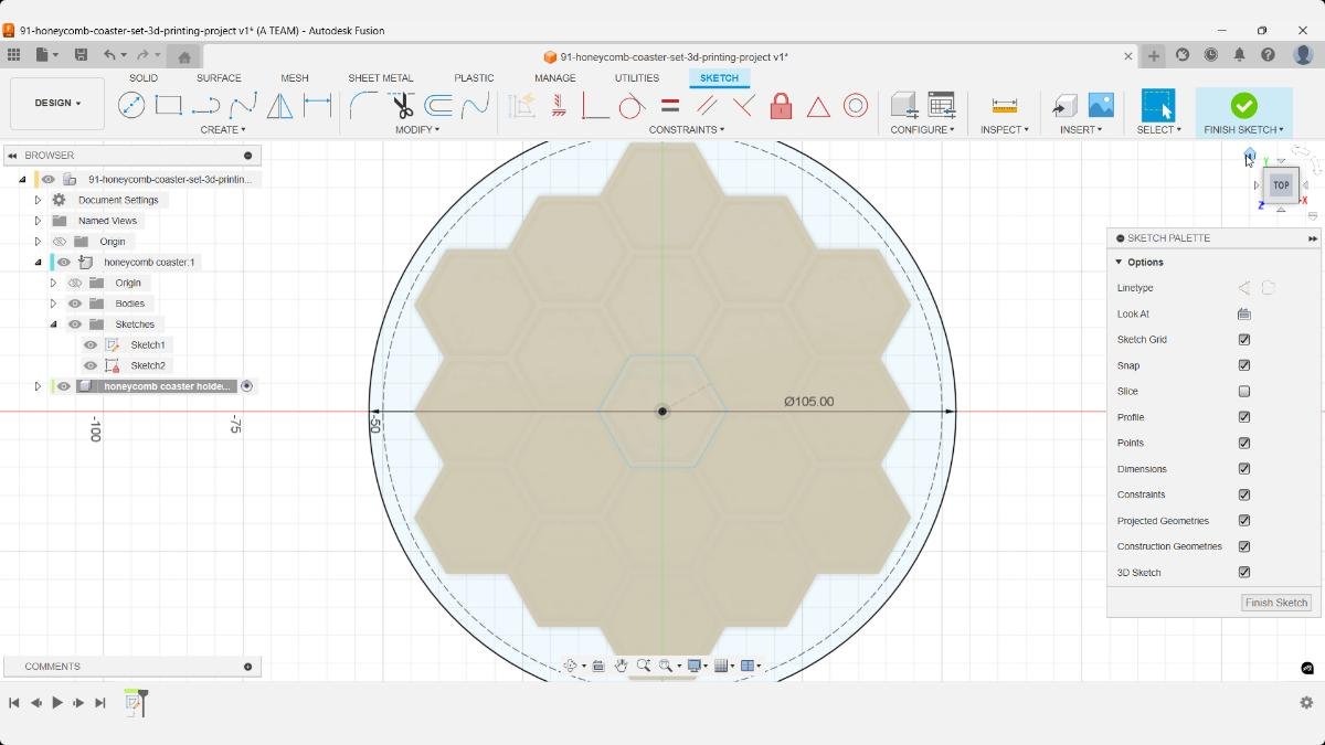 Sketching a 105 mm circle in Fusion to define the honeycomb coaster holder’s base diameter.