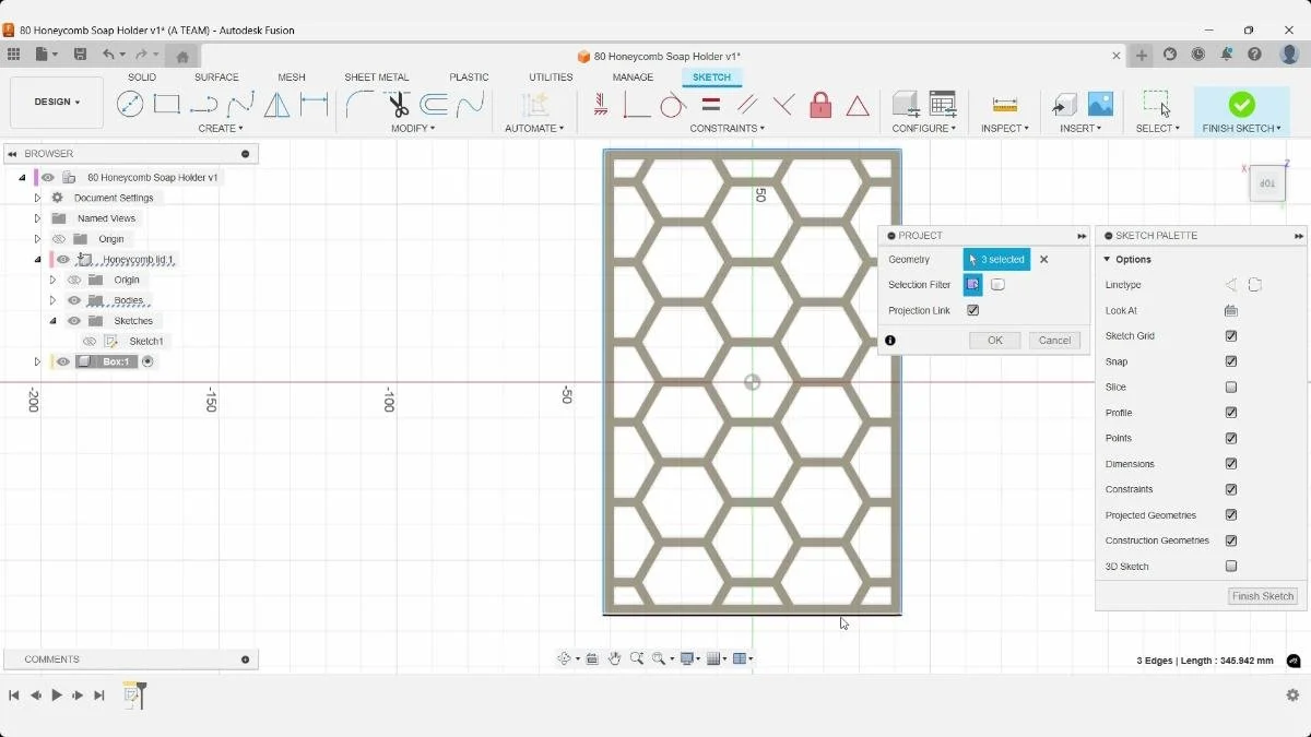 Fusion Project command selecting outer lid edges for the honeycomb soap holder box sketch.