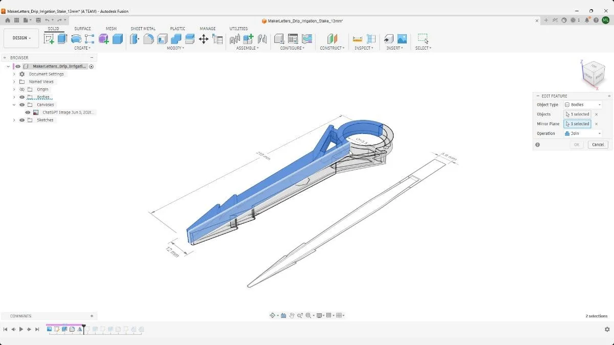 Mirror body operation for symmetrical drip irrigation stake design.