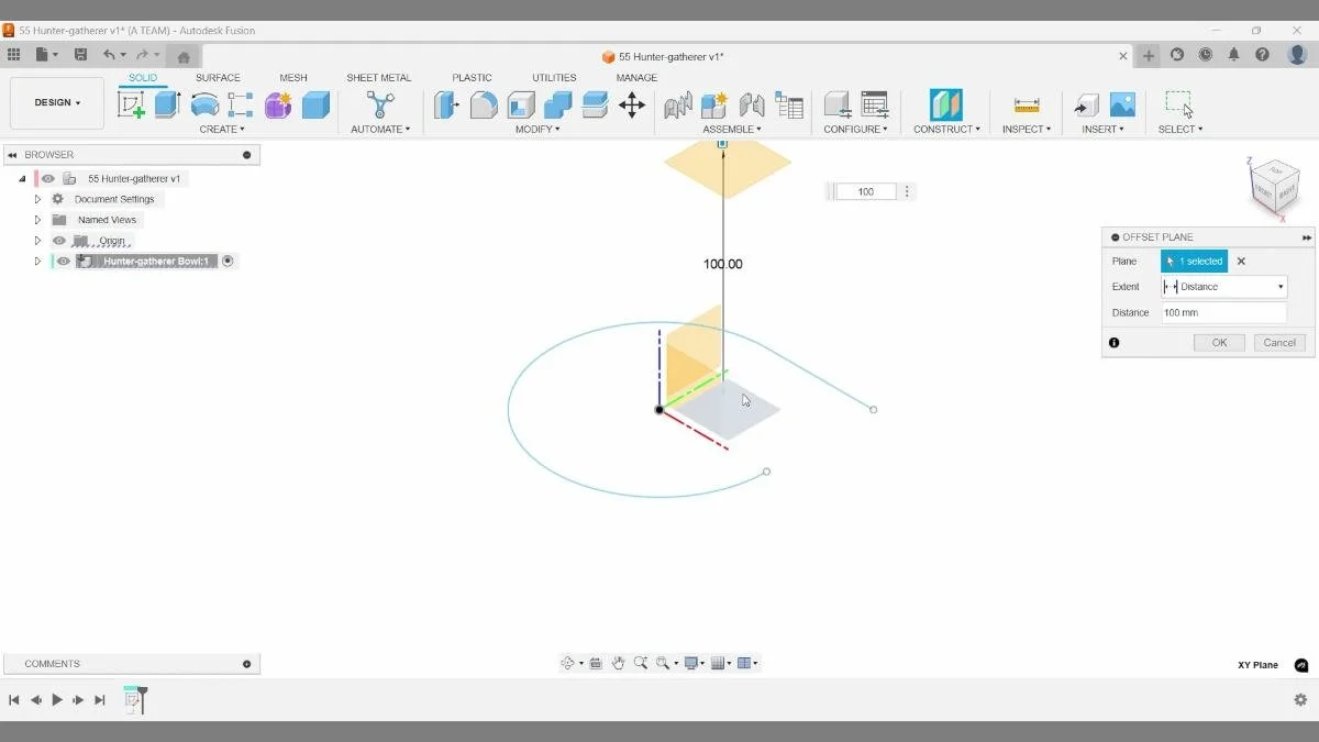Creating an offset construction plane in Autodesk Fusion to prepare for a tapered sheet metal loft
