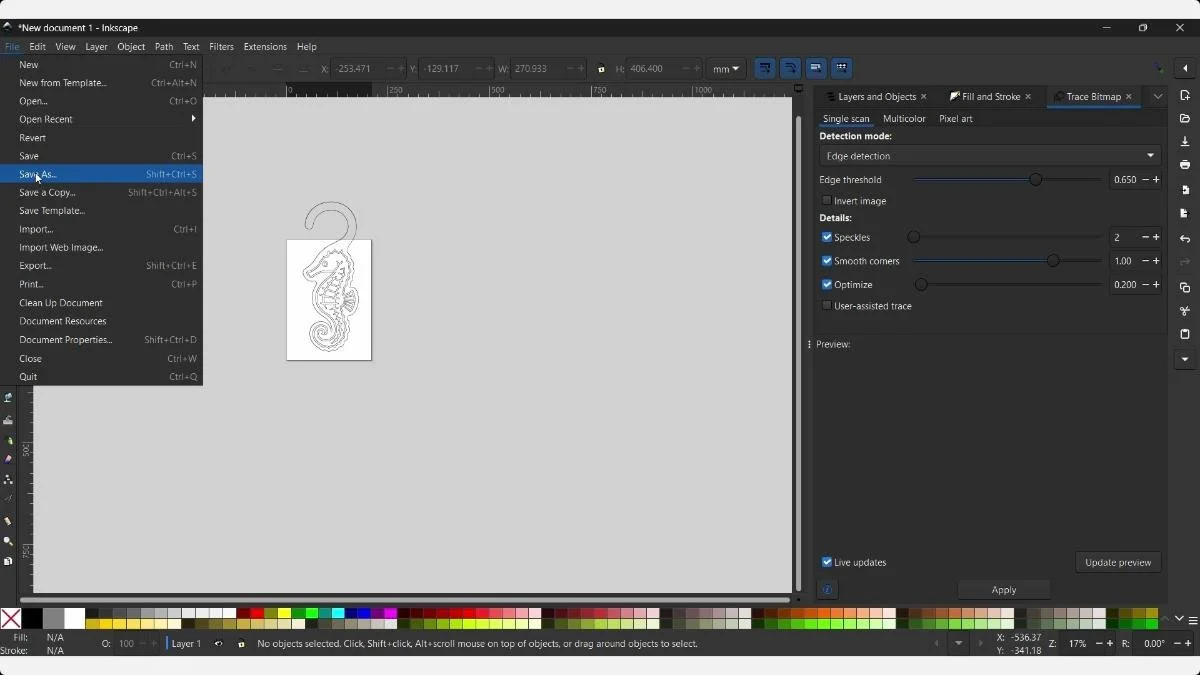 Inkscape document showing the traced seahorse paths on the page.
