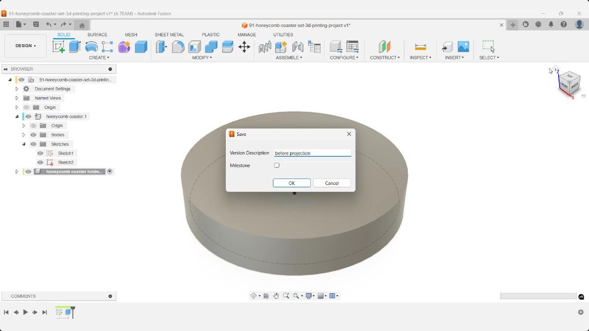 Saving a design milestone in Fusion before projecting geometry to preserve a safe version of the model.