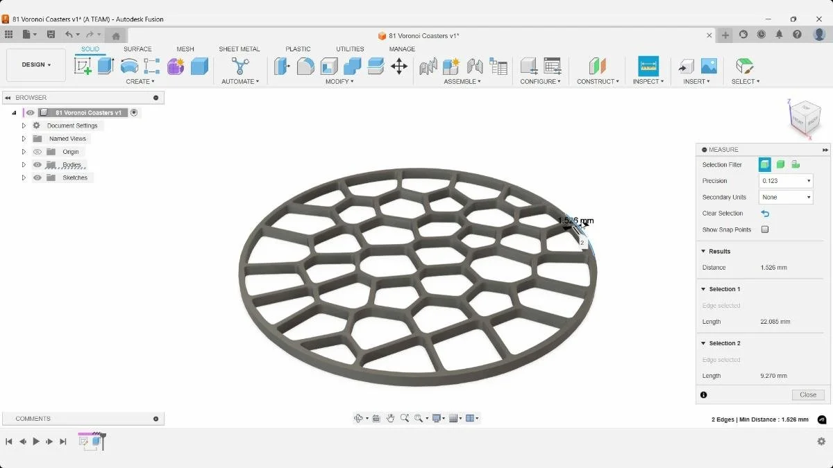 Fusion Measure tool reading a 1.526 mm outer rim thickness on the Voronoi coaster.