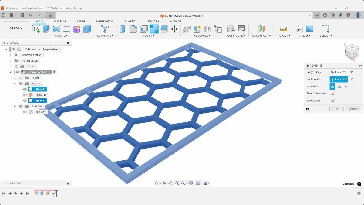 Fusion Combine command joining the honeycomb soap holder lattice and outer frame into one body.